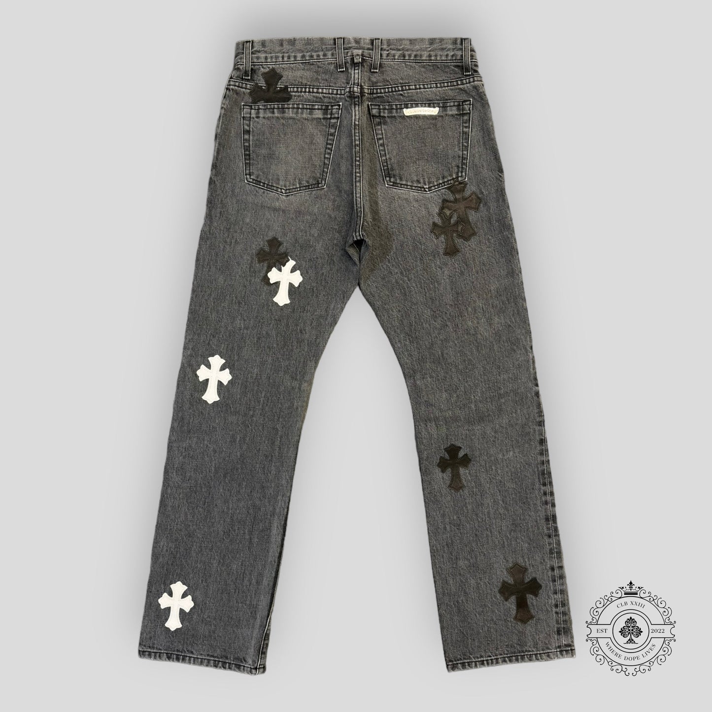 Chrome Hearts Fleur Knee Jeans in Black/White