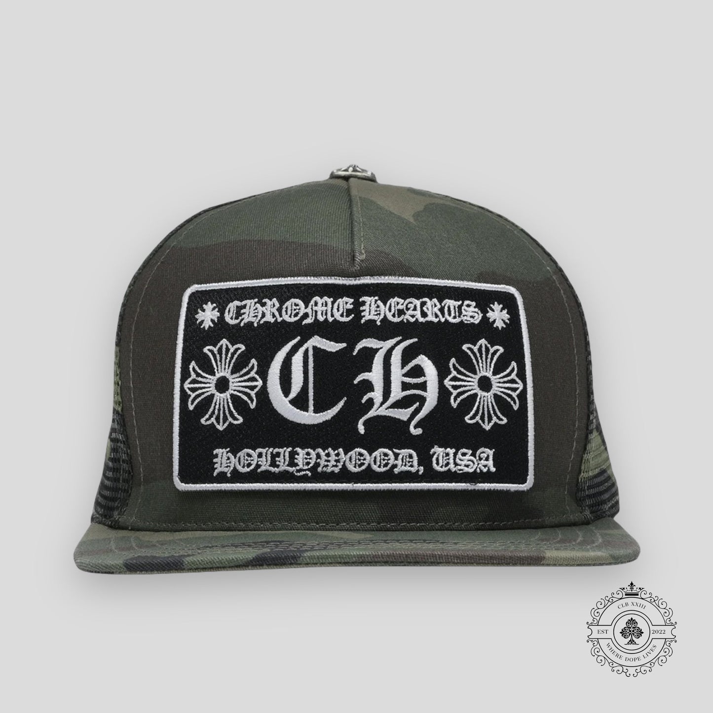 Chrome Hearts CH Patch Hollywood Trucker Hat in Camo