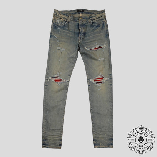 Amiri MX1 Plaid Patch Jeans in Clay Indigo/Red