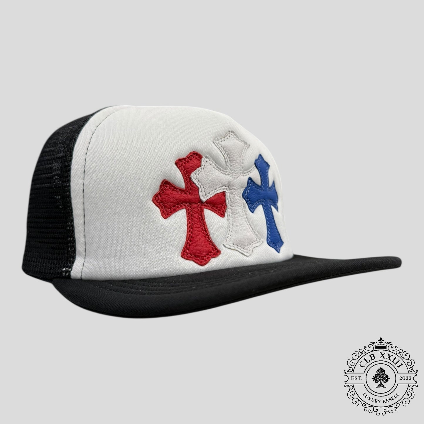 Chrome Hearts Triple Cross Trucker Hat in White/Red/Blue