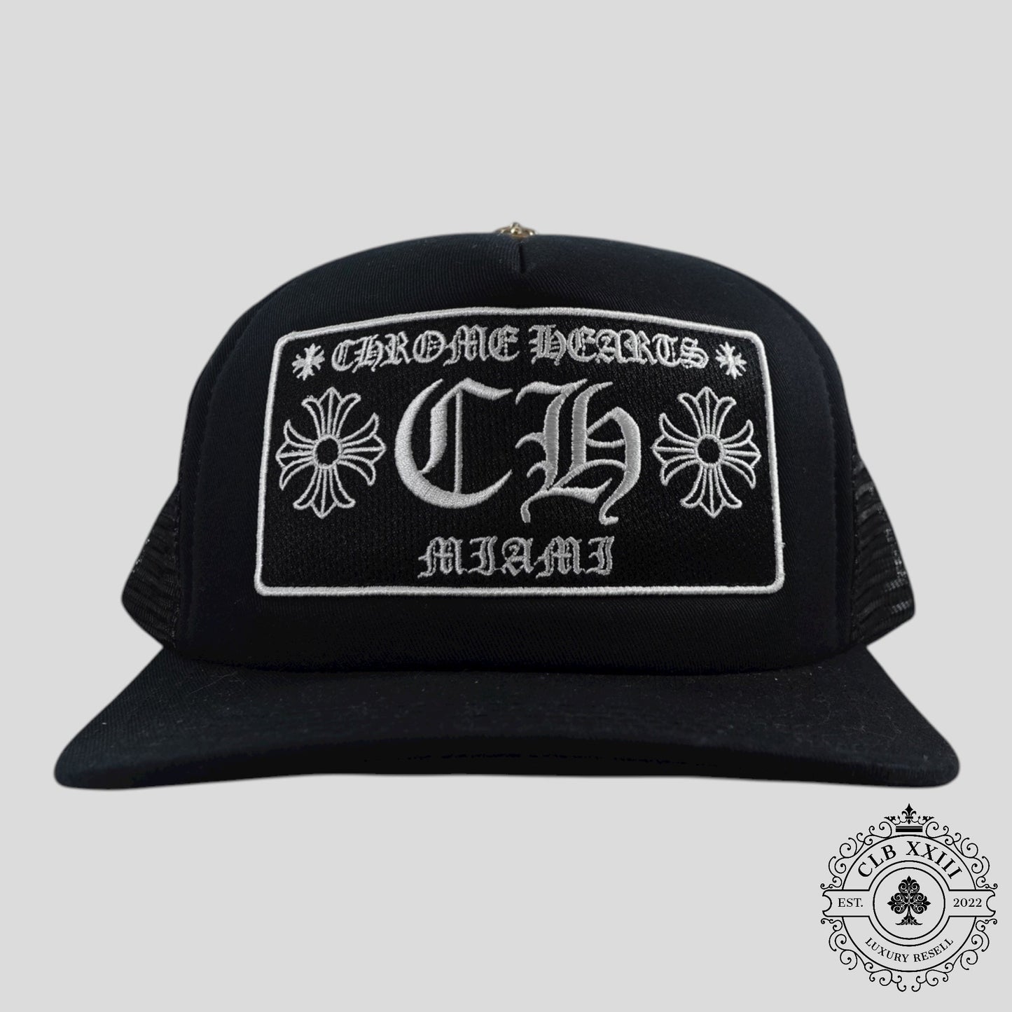 Chrome Hearts Miami Exclusive CH Patch Trucker Hat in Black