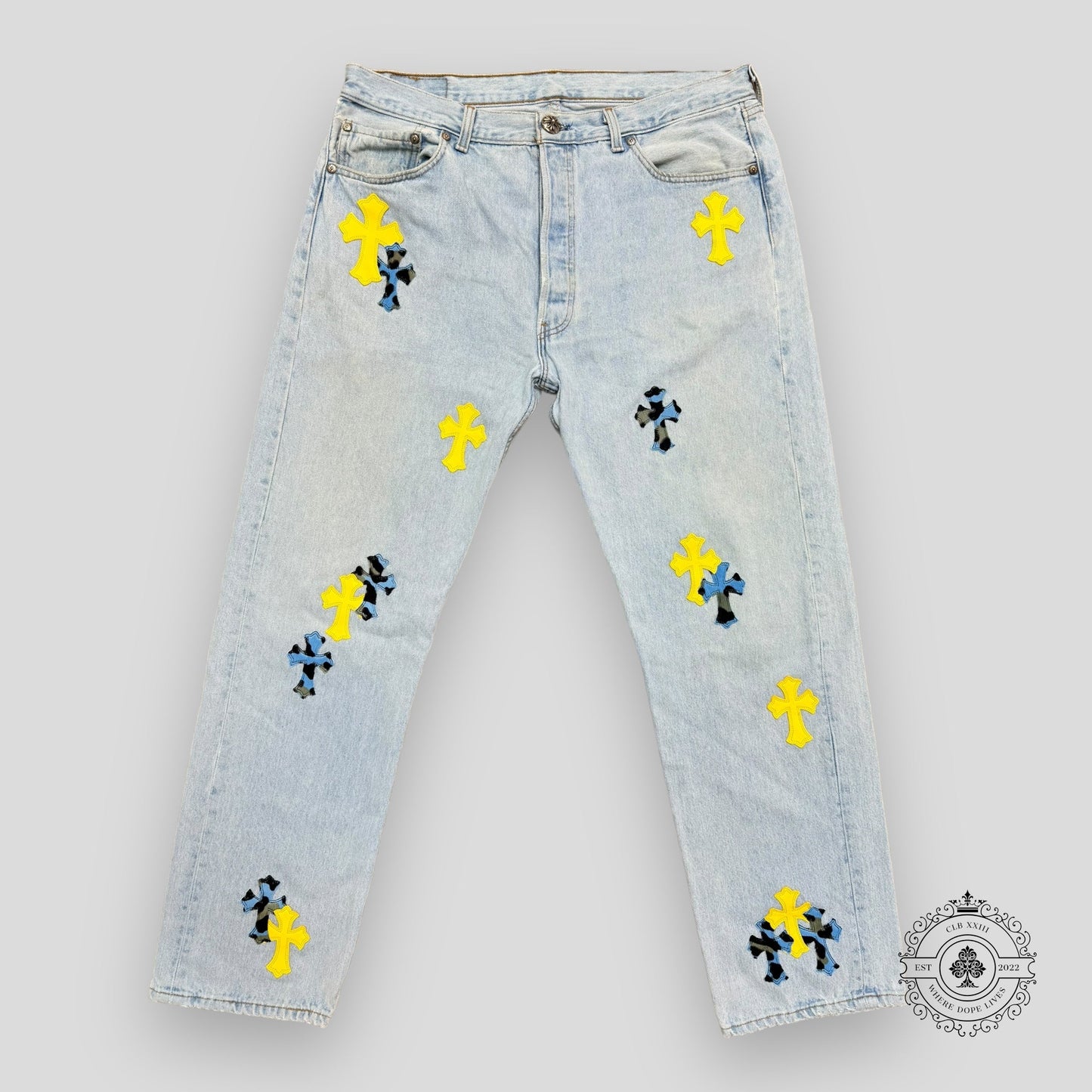 Chrome Hearts Yellow / Blue Cross Patch Jeans