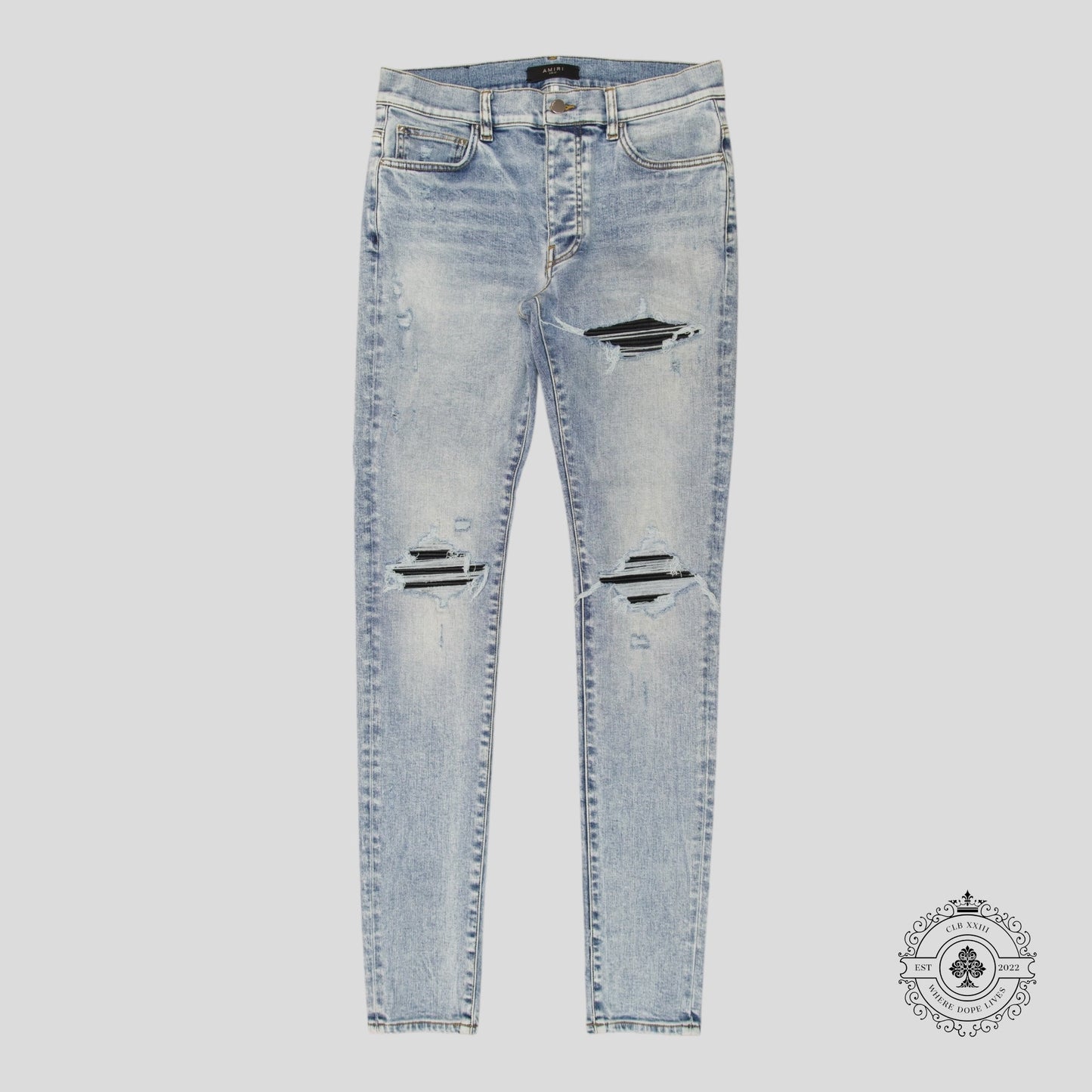 Amiri MX1 Leather Patch Jeans in Stone Indigo