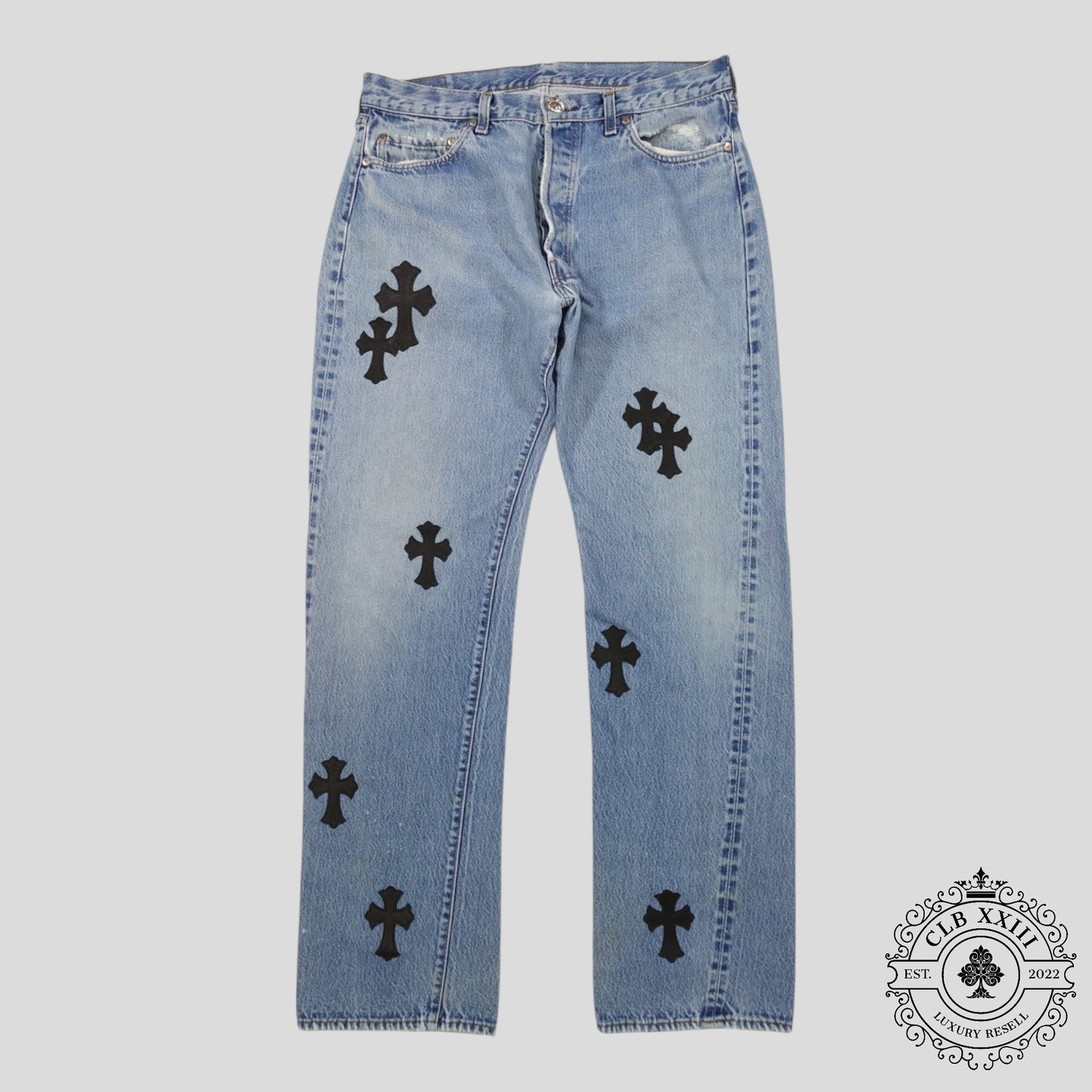 Chrome Hearts Cross Patch Levi 501 Red Line Jeans in Medium Wash/Black