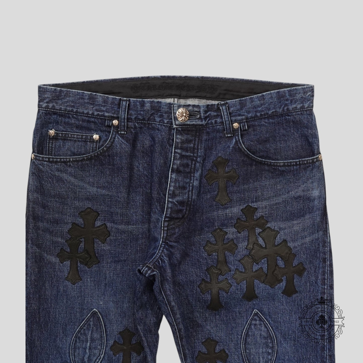 Chrome Hearts Fleur Knee Cross Patch Jeans in Dark Wash/Black