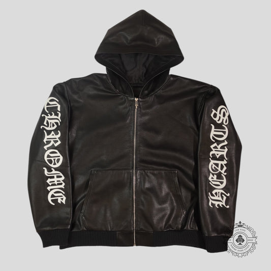 Chrome Hearts Leather Zip Up Hoodie in Black