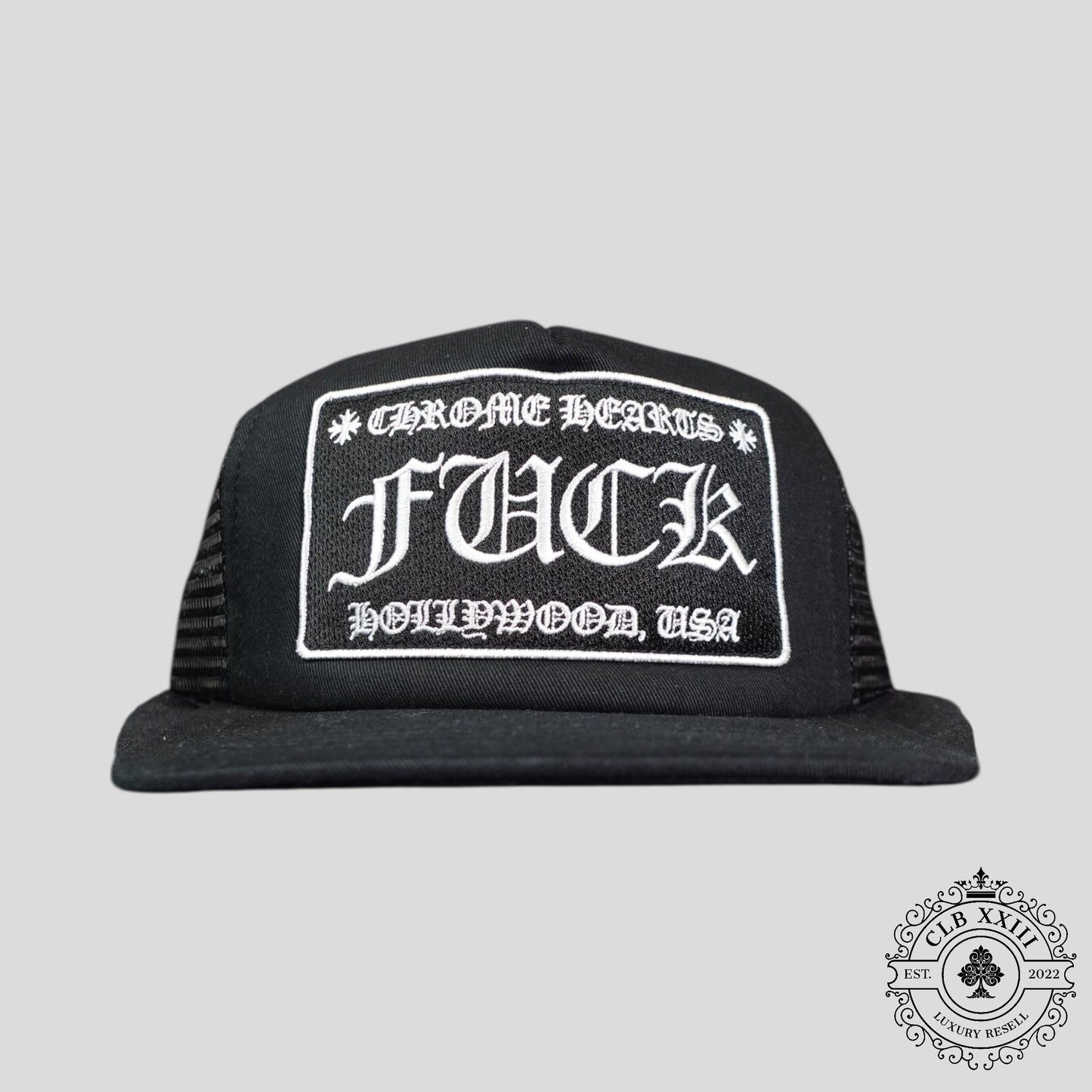 Chrome Hearts Fuck Hollywood Trucker Hat in Black