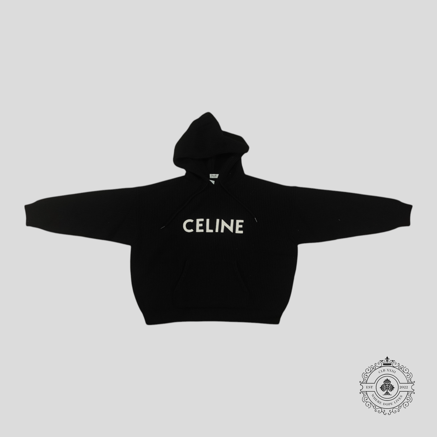 Celine Homme Logo Knit Wool Hoodie in Black