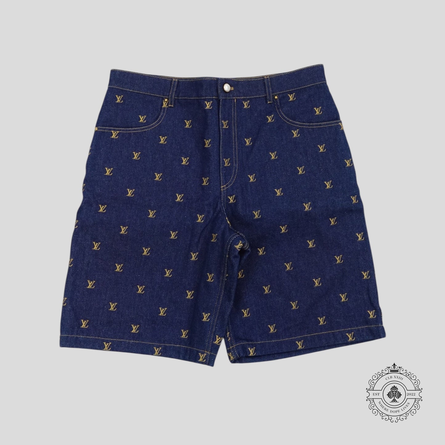 Louis Vuitton LV Embroidered Denim Shorts in Dark Wash