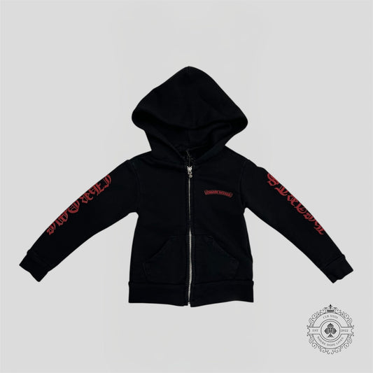 Chrome Hearts Scroll Logo Zip Up Kids Hoodie in Black/Red
