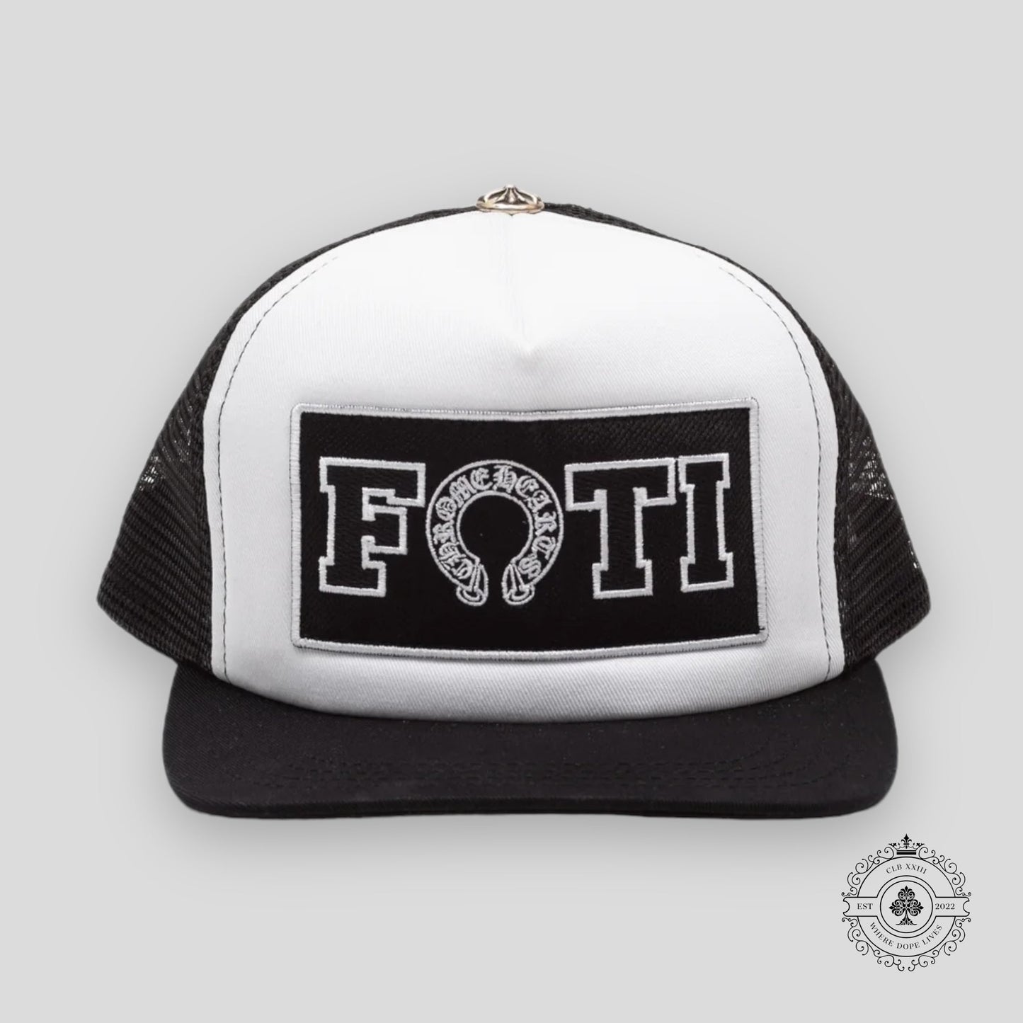 Chrome Hearts Foti Patch Trucker Hat in White / Black