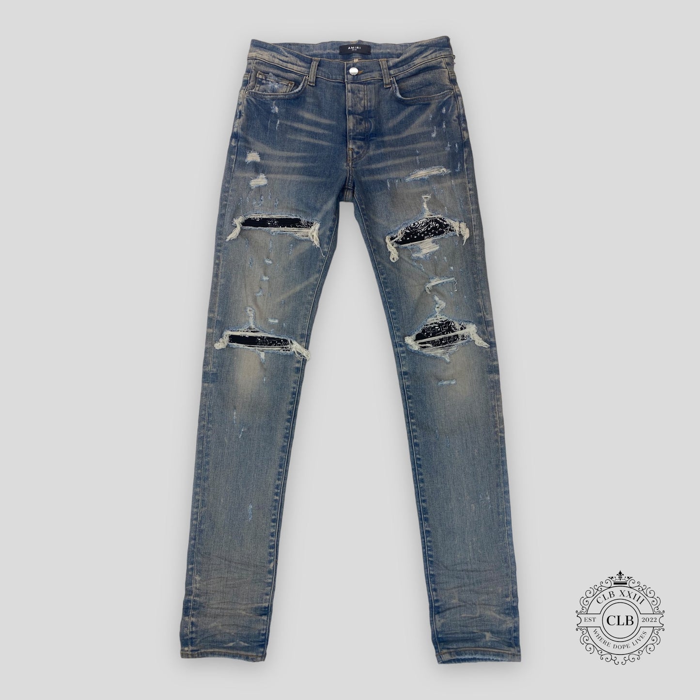 Amiri MX1 Black Bandana Patch Jeans in Clay/Indigo