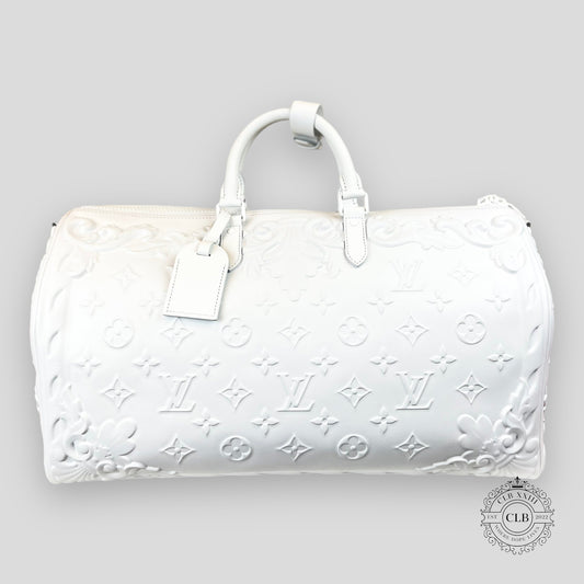 LOUIS VUITTON OPTIC WHITE EMBOSSED MONOGRAM KEEPALL 50