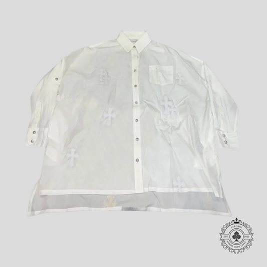 Chrome Hearts Leather Cross Patch Long Sleeve Button Up in White